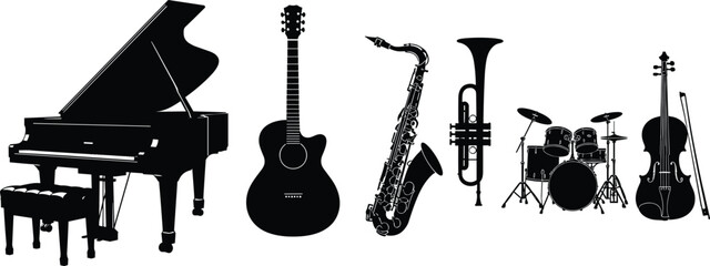 Musical instrument silhouettes, piano, acoustic guitar, double bass, saxophone, trumpet, drum set, orchestra, jazz, classical, band, performance, music collection © Habiba