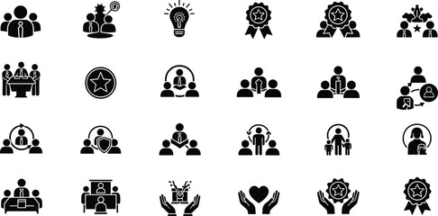 Obraz premium Business teamwork icons, leadership, innovation, recognition, protection, collaboration, corporate strategy, group meeting, award ribbon, shield security, professional success