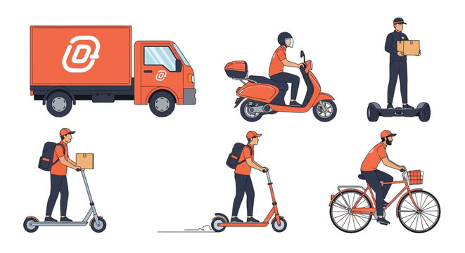 Various delivery methods illustrated vans scooters bikes and personnel