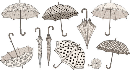 Vintage umbrella vector set featuring retro polka dot floral and checkered patterns in muted tones for autumn fashion weather design stickers and elegant feminine decorative accessory concepts. © MstRozinaAkter
