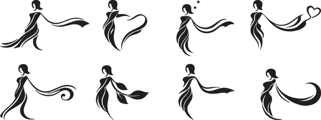 Fototapeta premium Elegant female silhouette flourish set, abstract flowing lines, decorative monoline vector icons