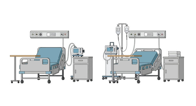 Illustration of two hospital beds with medical equipment and bedside tables
