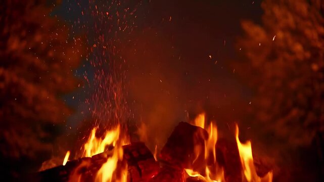Intense close-up of a roaring bonfire, showcasing vibrant orange and red flames with glowing embers and flying sparks, creating a dynamic and powerful heat source