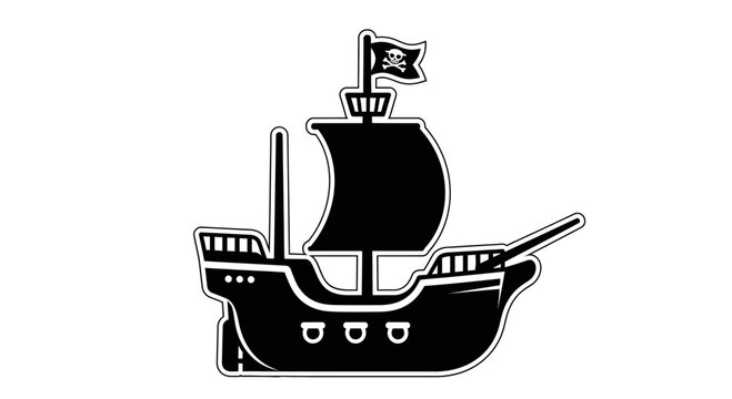 Black Pirate Ship Silhouette with Jolly Roger Flag on White Background