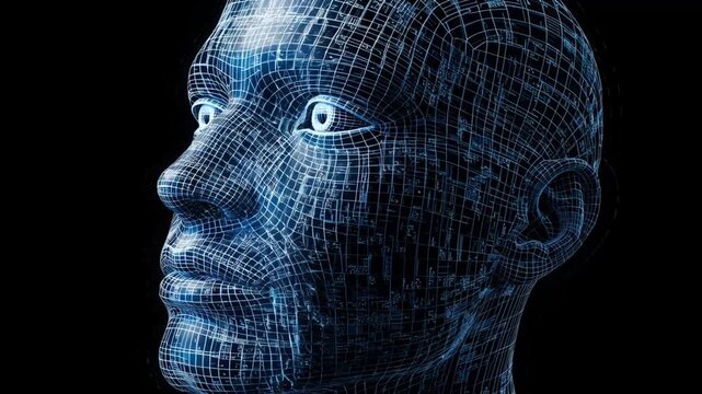 Artificial intelligence digital face wireframe head cyber profile futuristic design blue glow technology concept data network cyberpunk style virtual human robot cyber head portrait 3d render network