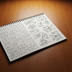 Obraz premium An open spiral notebook rests on a wooden surface, displaying intricate handwritten mathematical formulas, numbers, and geometric sketches, notebook, calculus, classroom