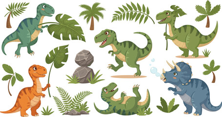 Cartoon Dinosaur Set with T-Rex, Triceratops, and Ferns in a Fun, Jungle-Themed Design © MstRozinaAkter