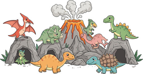 Cute cartoon dinosaur landscape with erupting volcano featuring t-rex triceratops pterodactyl and stegosaurus in prehistoric mountain caves vector illustration for kids room and education. © MstRozinaAkter