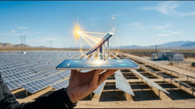 Solar Power Plant Technology and Renewable Energy Management with Digital Tablet in Desert Landscape