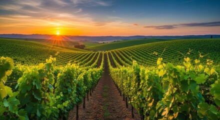A scenic view of lush green vineyard rows stretching across rolling hills under a warm sunset glow with a narrow path between the plants, winery, terrain, plantation