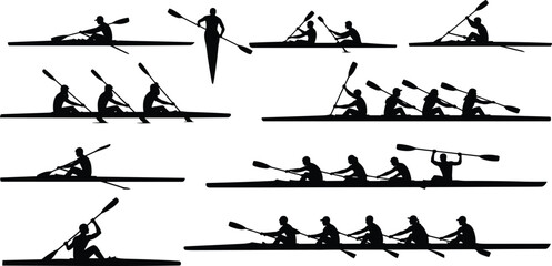 Rowing and kayaking silhouettes set isolated on white background, athletes in boats with paddles, water sport recreation vector illustration collection. © MDMORSALIN