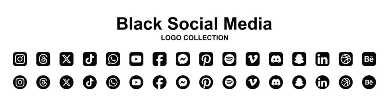 black social media icon collection popular network app logo instagram, x, tiktok, whatsapp, youtube, facebook