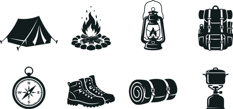 Professional Camping and Hiking Equipment Icon Set Featuring Tent Campfire Lantern Backpack Compass Boots and Sleeping Bag Silhouettes