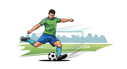 Obraz premium Soccer player kicking ball on field during game action.
