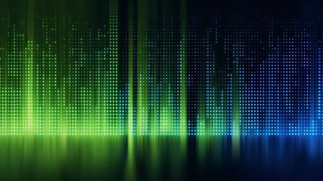 Green blue digital code glitch crt compression pixel breakdown motion matrix overlay tech analog skyline of glowing data towers with reflected floor and subtle motion creating futuristic cityscape
