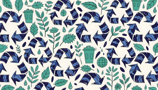 A pattern of recycle signs and green elements on light background, promoting eco-friendly habits and environmental consciousness