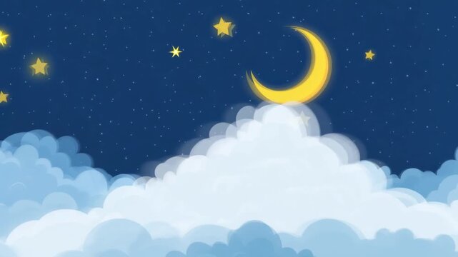 Dreamy night sky crescent moon and glowing star above fluffy cloud, peaceful blue sky bedtime fantasy cartoon illustration, soft cloud vector background sky blue dreamy night atmosphere for children