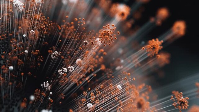 Abstract macro microbe fungus mold spore filament biology science organic texture fiber optic particle orange sphere technology background digital data cyber network glowing bokeh dark backdrop