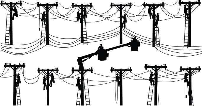 Silhouette of Electricians and Linemen Working on Utility Poles with Power Lines, Ladders, and Bucket Truck for Electrical Infrastructure Maintenance and Repair