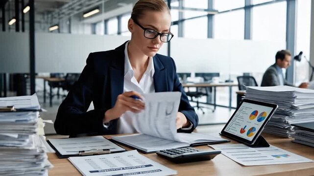 Professional corporate accountant auditing financial paperwork for quality assessment management using checklist during business evaluation process and strategic account review cost analysis.