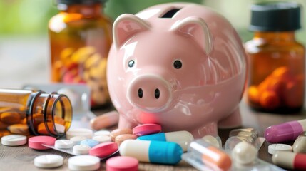 Obraz premium A Colorful Display of Pills, Medicine Bottles, and a Piggy Bank on a Wooden Surface Representing Healthcare Costs