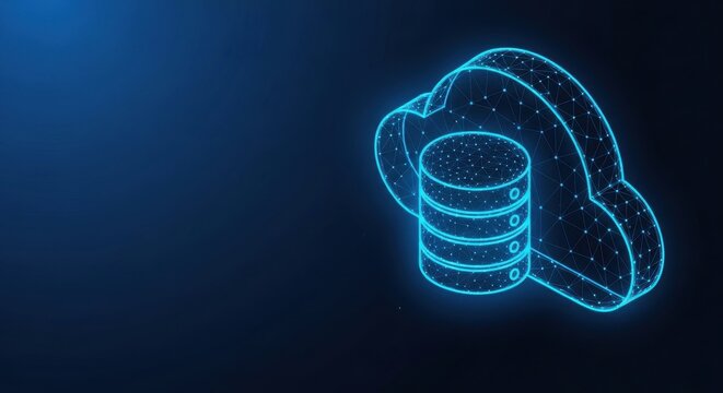 Abstract digital cloud database icon with neon blue outline on dark background