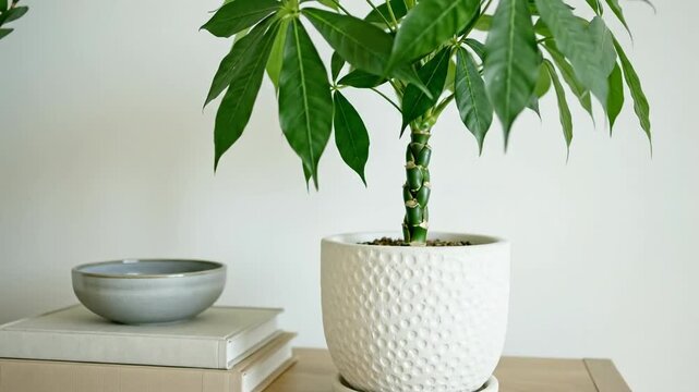 Money tree in a white textured pot on a wooden table. Modern interior decor with books and a ceramic bowl. Pachira aquatica houseplant against a white wall