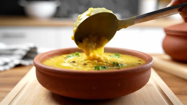 Pouring yellow lentil dal into a rustic clay bowl. Traditional Indian soup being served in a kitchen. Healthy vegetarian cooking concept