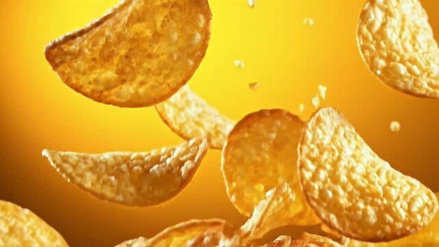 Golden potato crisps frozen in motion against a warm, radiant background