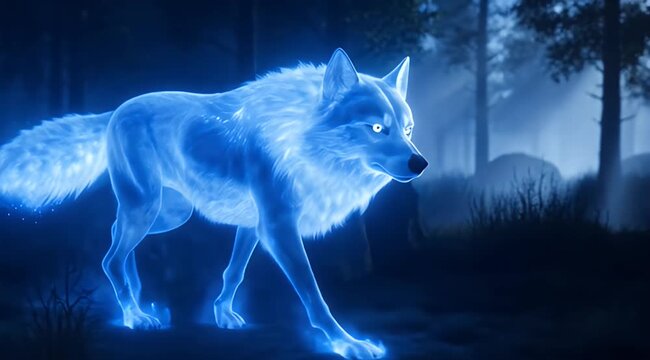 Phantom blue wolf with luminous eyes strides through a dark, misty, ancient forest path