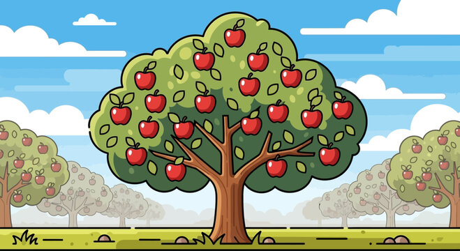 Abundant Apple Orchard with Ripe Red Apples on Trees in Full Bloom