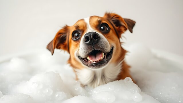 A playful dog enjoying a bubble bath, surrounded by foam and bubbles in a lighthearted moment.