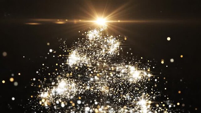 Magical swirling golden glitter particles forming a Christmas tree shape with a bright star at the top on a dark background with lens flare.