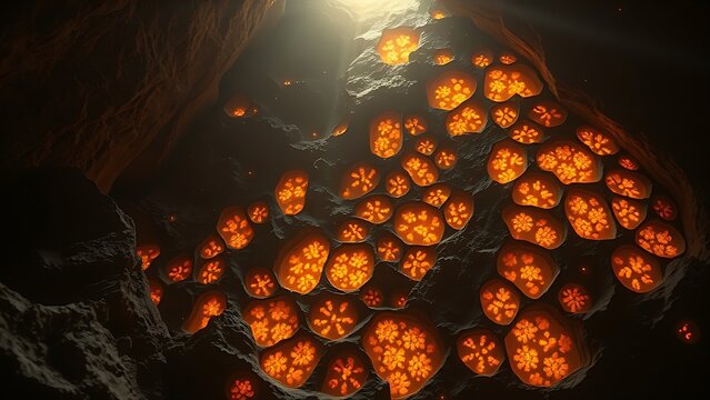 Fossilized microbial patterns glow in ancient rock, lit by primal sunlight.