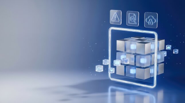 Secure data block protection architecture background with modular cubes frame cloud lock audit and document scan icons for enterprise technology banner