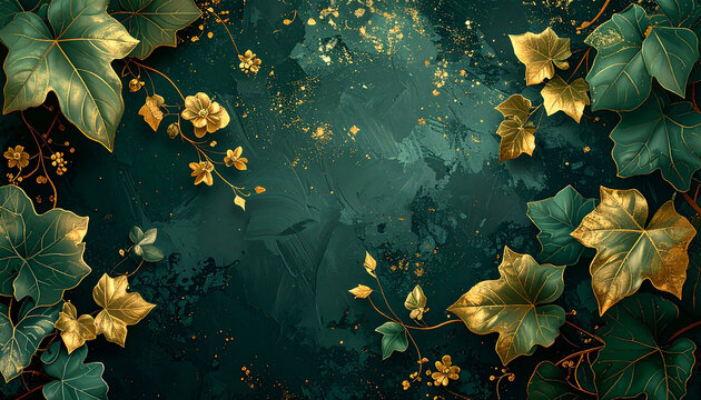 Rich emerald green textured backdrop with golden ivy leaves and small golden flowers floral
