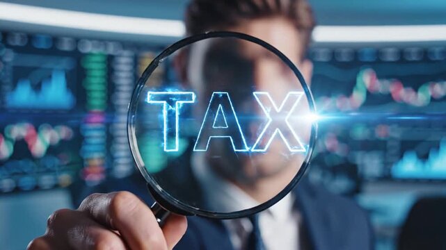 Professional Businessman Inspecting Glowing Tax Word Through Magnifying Glass During Financial Audit Process Representing Accounting Concept For Digital Finance Revenue Management and Calculation