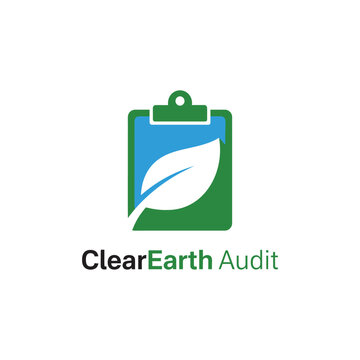 Clipboard icon with green leaf for professional environmental audit consulting and corporate sustainability compliance brand logo ClearEarth Audit