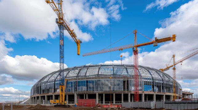 Construction of Modern Stadium Under Bright Blue Sky with White Clouds and Cranes in the Background