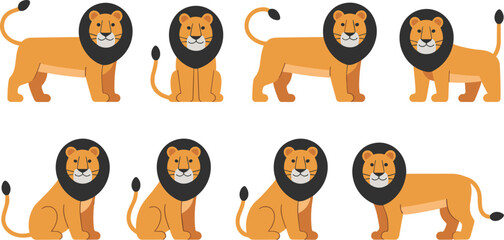 Cute cartoon lion character poses collection with standing sitting walking safari animal vector illustration set © Sarmen 