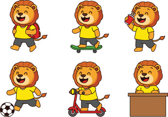 Cute cartoon lion cub activities collection with skateboard scooter football backpack and school desk vector set © Sarmen 