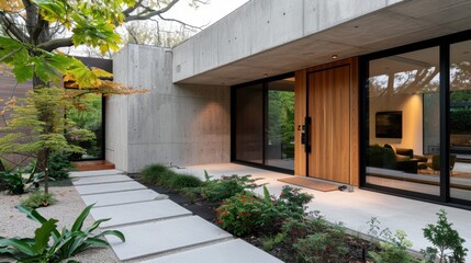 Fototapeta premium Modern architectural home entrance with sleek concrete facade and inviting wooden door surrounded by lush greenery