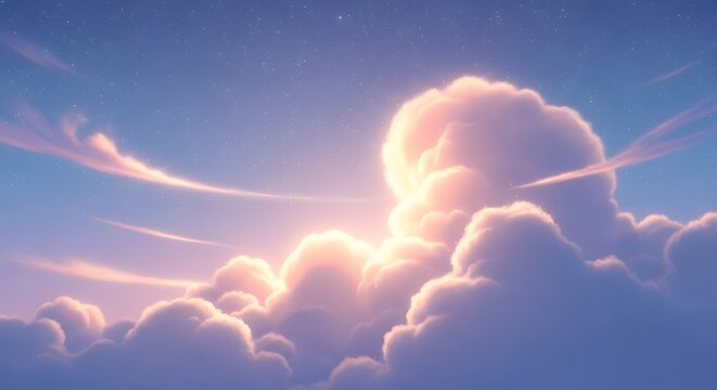 Sunset behind fluffy white clouds in blue sky