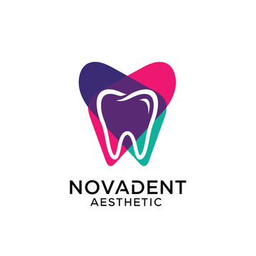 Colorful geometric overlapping tooth icon for modern aesthetic dental center or innovative dentistry practice brand identity logo NovaDent