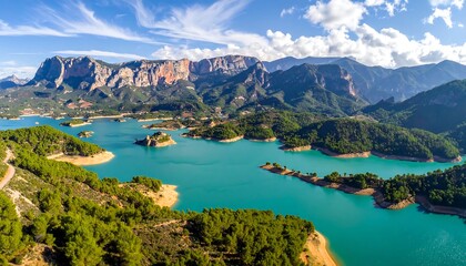 Obraz premium Aerial view of a serene lake surrounded by mountains