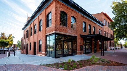 Fototapeta premium Modern Brick Building with Large Windows and Contemporary Design in Urban Environment