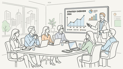 Conference room presentation with three professionals, laptops on table, presenter pointing to growth chart labeled &ldquo;BUSINESS SUCCESS EMPLOYEE PERFORMANCE&rdquo; from 2015&ndash;2021, symbolizing progress and str