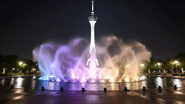 Towering skyscraper overlooks colorful water fountains illuminated at night