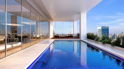 Fototapeta premium Modern Luxury Apartment with Swimming Pool and Panoramic City View in Bright Daylight