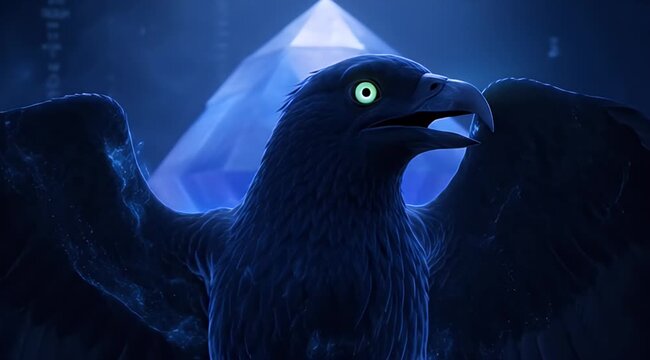 Enigmatic dark avian with vivid green eyes, glowing blue crystal in mystic digital realm